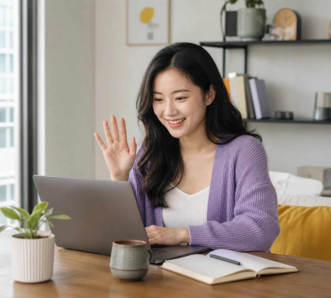 Chinese freelancer discussing a proposal from a home workspace